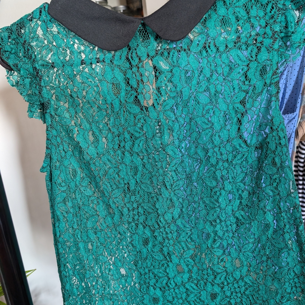Green Lace Top with Black Collar